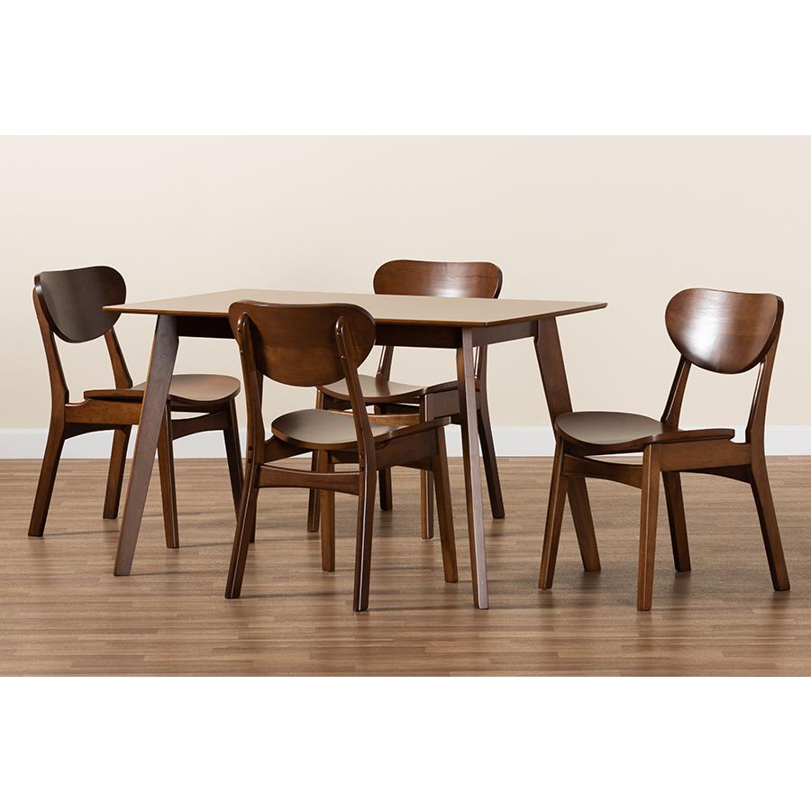 Katya Mid-Century Modern Walnut Brown Finished Wood 5-Piece Dining Set. Picture 8