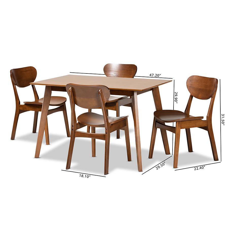 Katya Mid-Century Modern Walnut Brown Finished Wood 5-Piece Dining Set. Picture 9