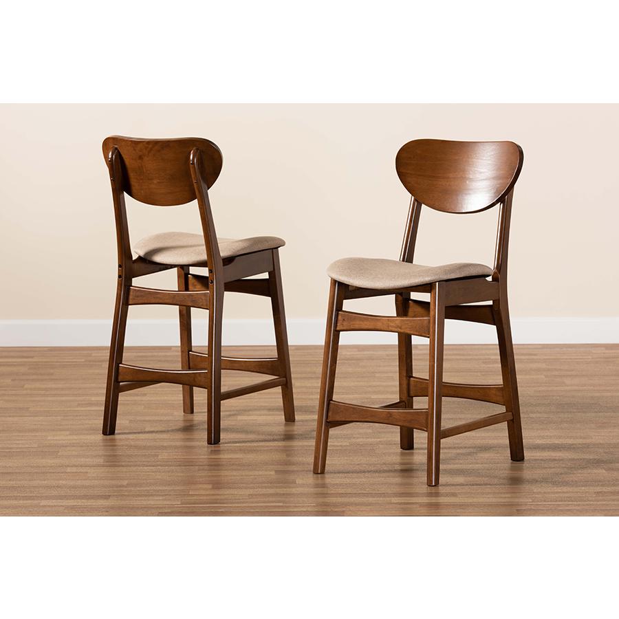 Sand Fabric Upholstered and Walnut Brown Finished Wood 2-Piece Counter Stool Set. Picture 7