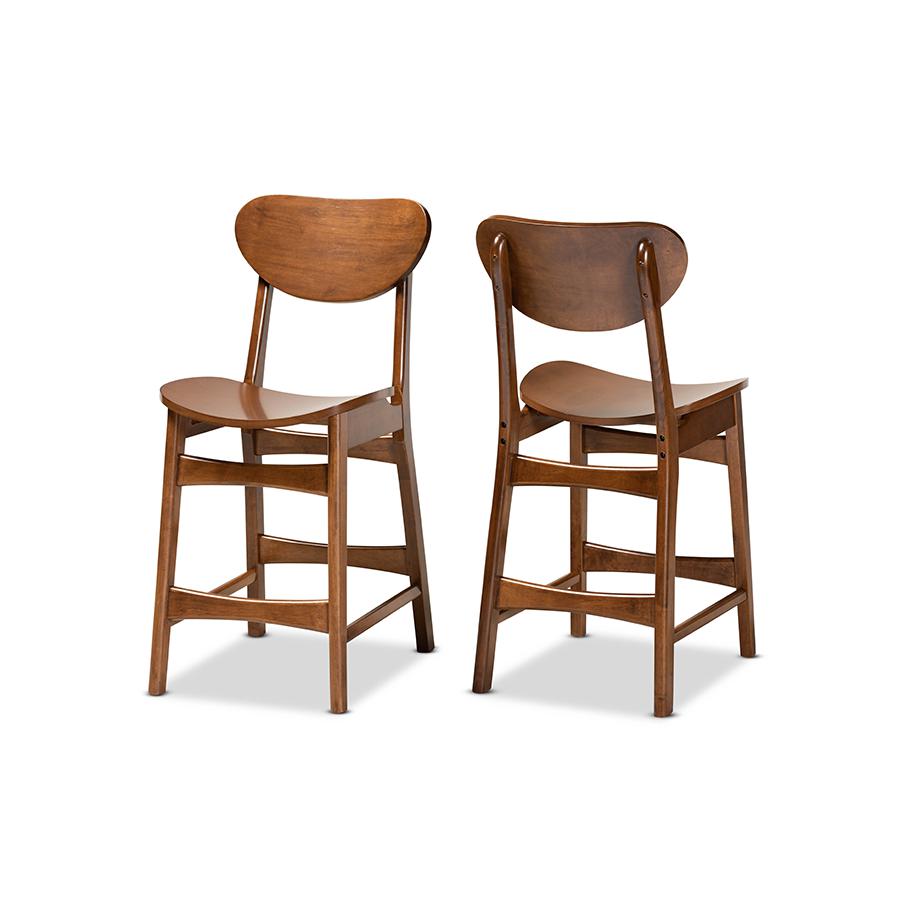 Katya Mid-Century Modern Walnut Brown Finished Wood 2-Piece Counter Stool Set. Picture 1