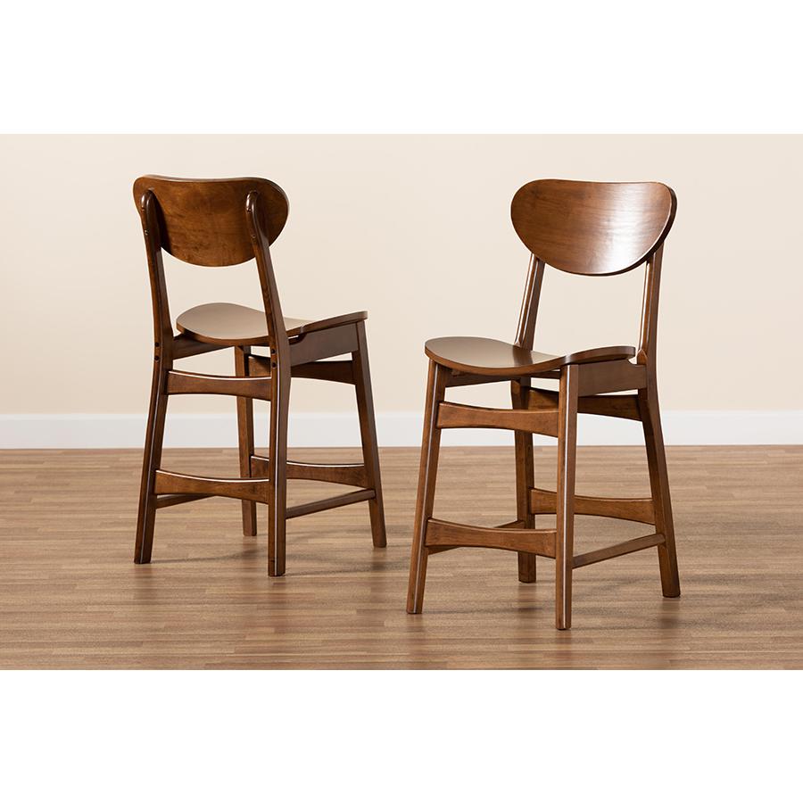 Katya Mid-Century Modern Walnut Brown Finished Wood 2-Piece Counter Stool Set. Picture 7