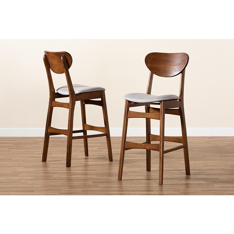 Grey Fabric Upholstered and Walnut Brown Finished Wood 2-Piece Bar Stool Set. Picture 7
