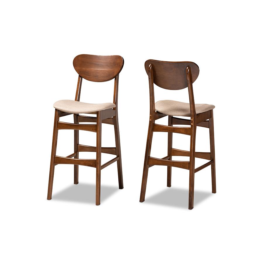 Sand Fabric Upholstered and Walnut Brown Finished Wood 2-Piece Bar Stool Set. Picture 1