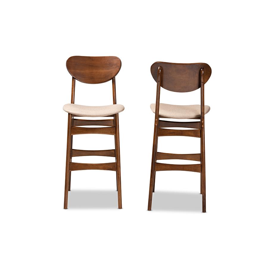 Sand Fabric Upholstered and Walnut Brown Finished Wood 2-Piece Bar Stool Set. Picture 2