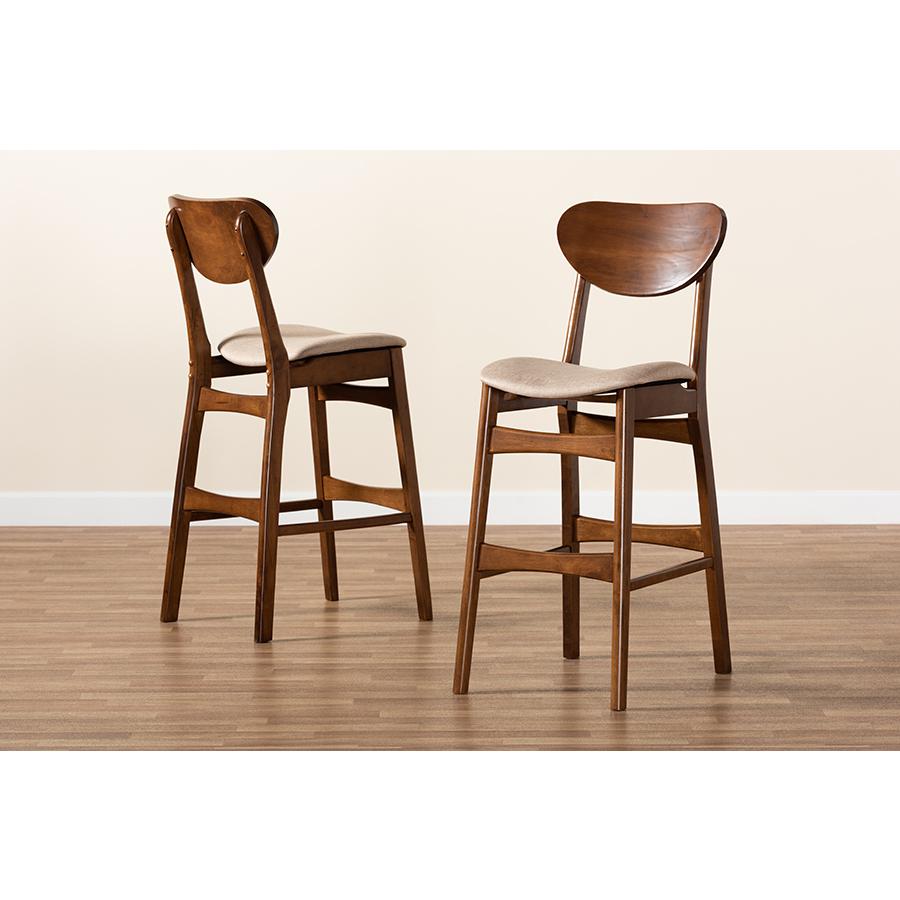 Sand Fabric Upholstered and Walnut Brown Finished Wood 2-Piece Bar Stool Set. Picture 7