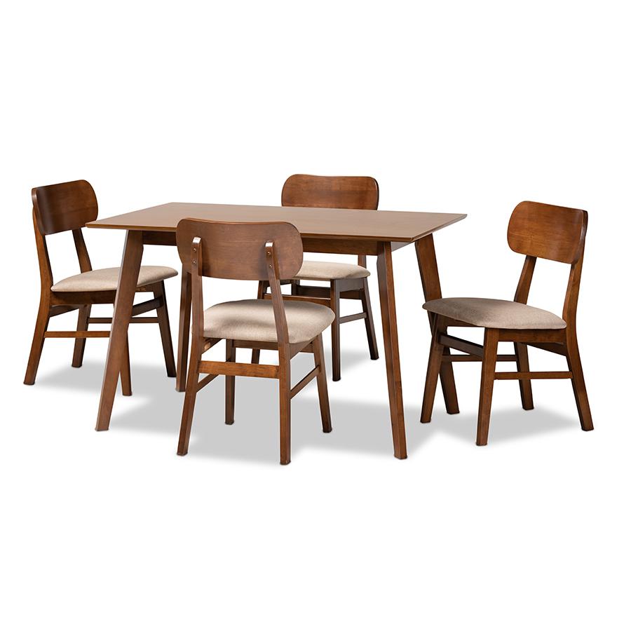 Sand Fabric Upholstered and Walnut Brown Finished Wood 5-Piece Dining Set. Picture 1