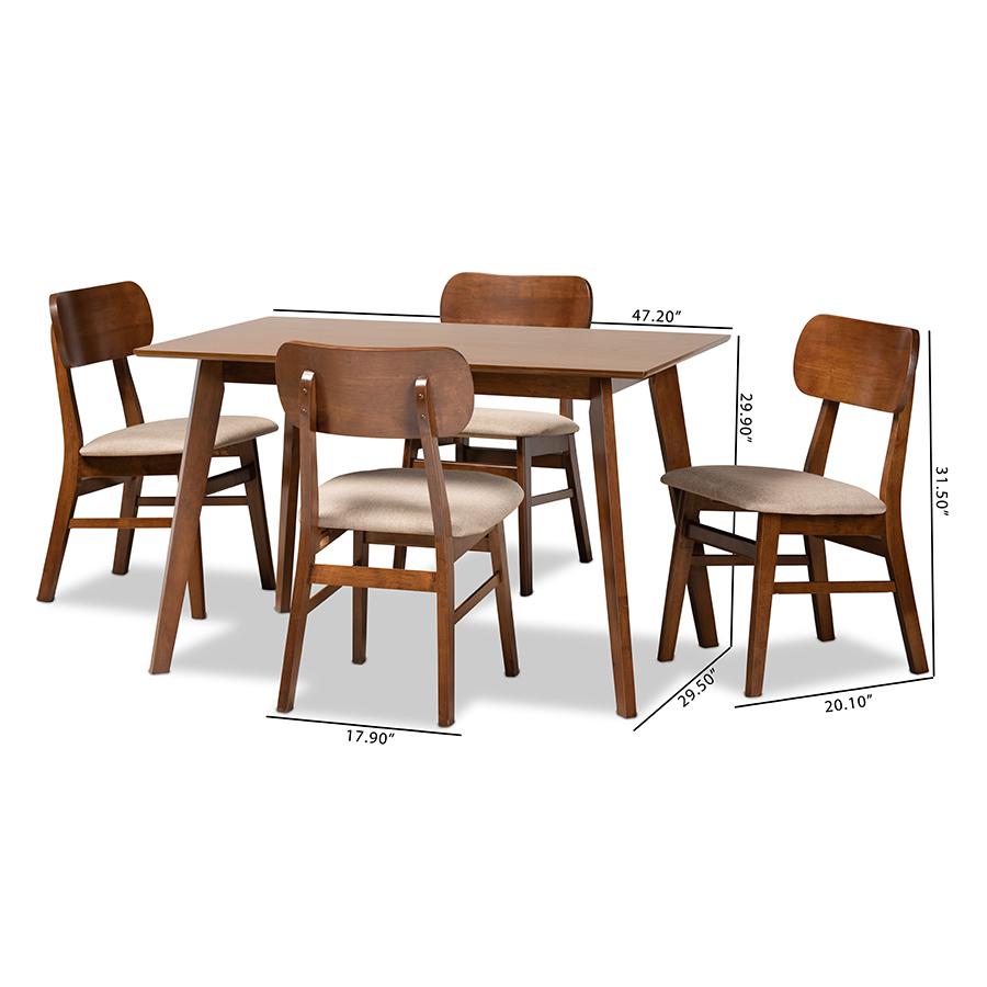Sand Fabric Upholstered and Walnut Brown Finished Wood 5-Piece Dining Set. Picture 9