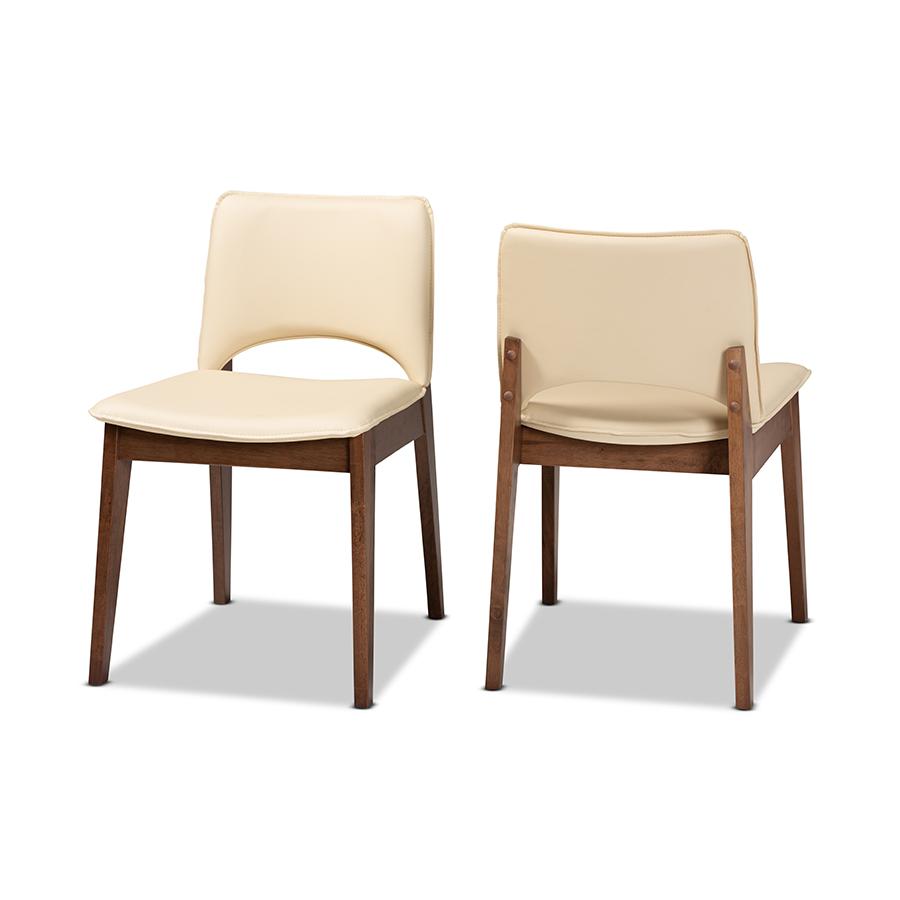 Baxton Studio Afton Mid-Century Modern Beige Faux Leather Upholstered and Walnut Brown Finished Wood 2-Piece Dining Chair Set. The main picture.