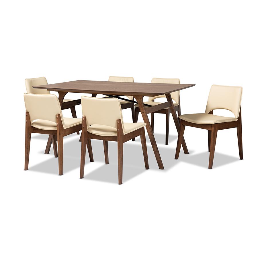 Leather Upholstered and Walnut Brown Finished Wood 7-Piece Dining Set. Picture 1