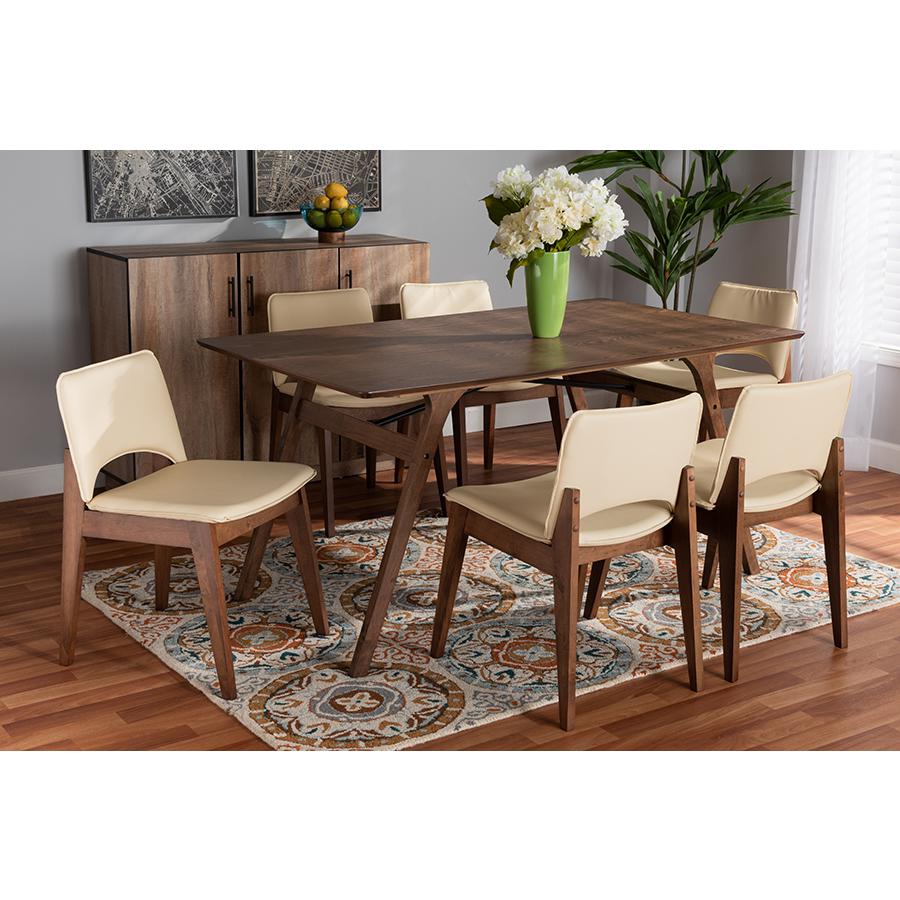 Leather Upholstered and Walnut Brown Finished Wood 7-Piece Dining Set. Picture 7