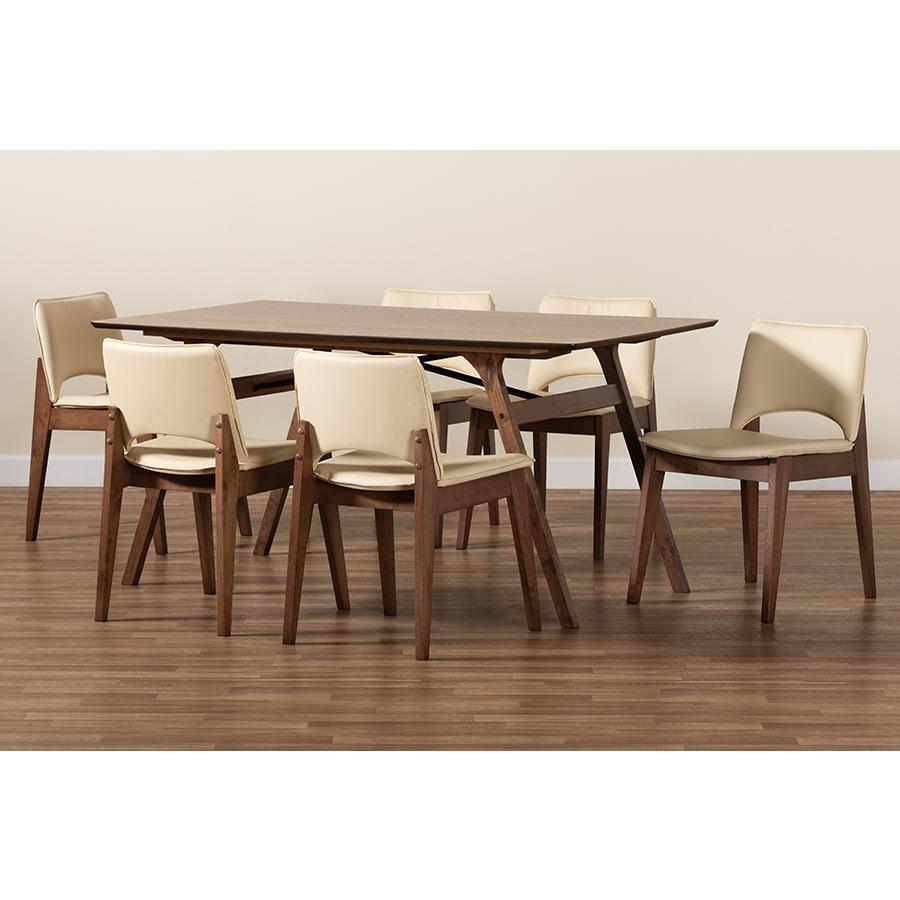 Leather Upholstered and Walnut Brown Finished Wood 7-Piece Dining Set. Picture 8