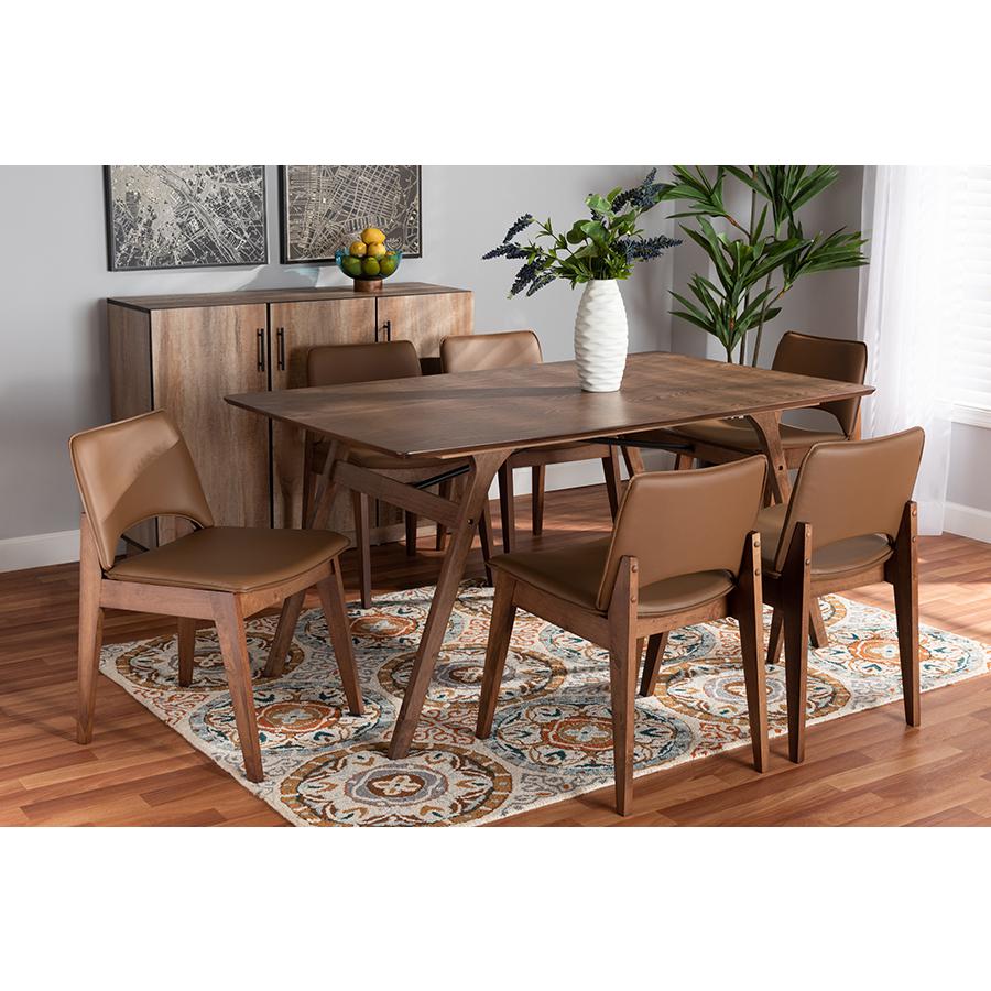 Leather Upholstered and Walnut Brown Finished Wood 7-Piece Dining Set. Picture 7