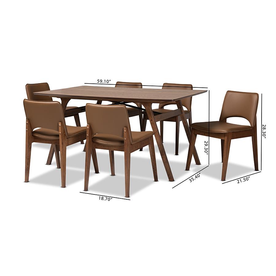 Leather Upholstered and Walnut Brown Finished Wood 7-Piece Dining Set. Picture 9