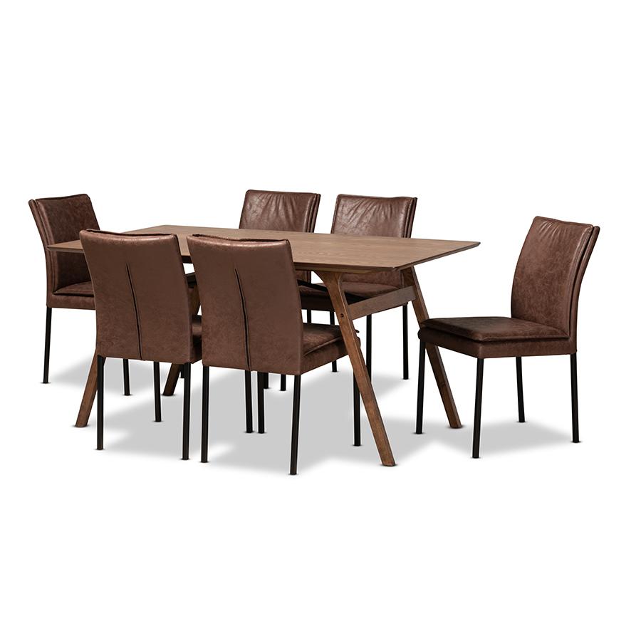 Black Finished Metal with Walnut Brown Finished Wood 7-Piece Dining Set. Picture 1