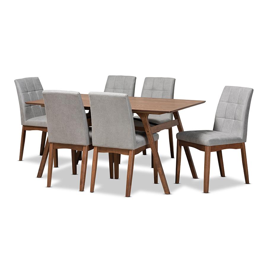 Light Grey Fabric Upholstered and Walnut Brown Finished Wood 7-Piece Dining Set. Picture 1