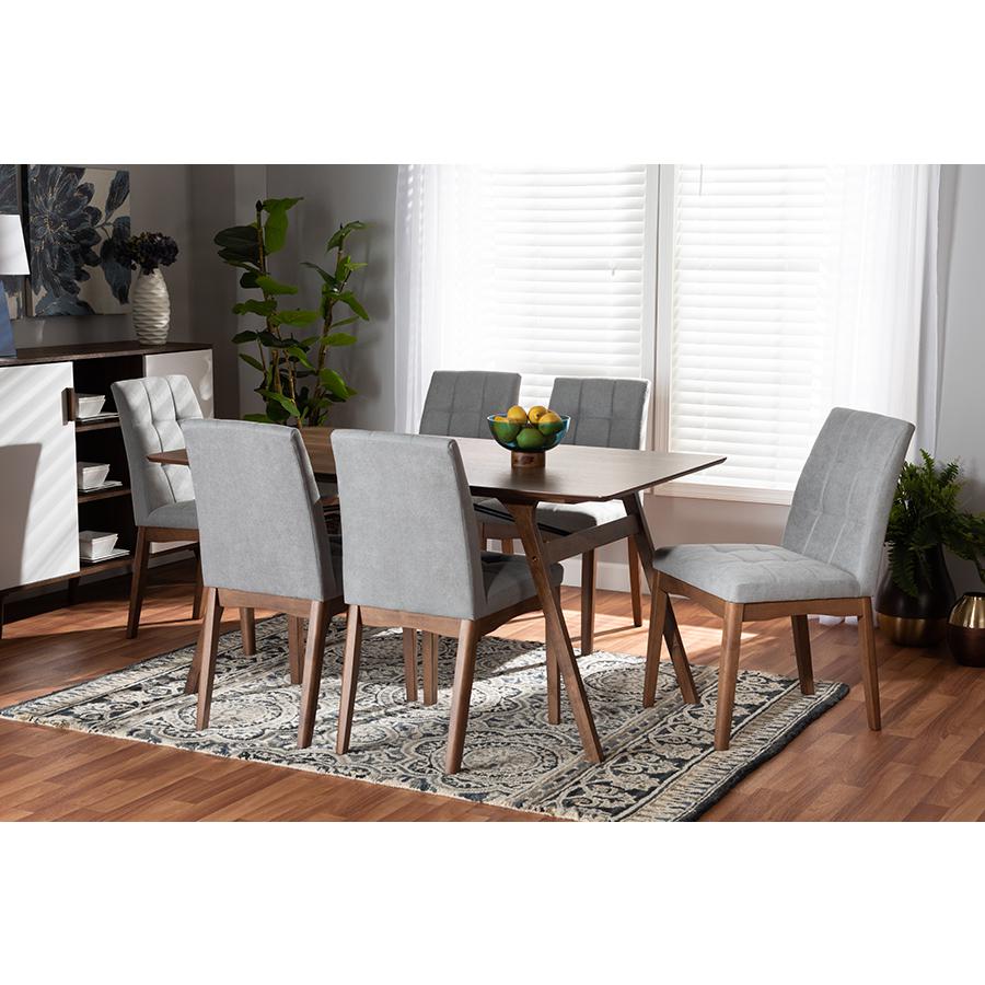 Light Grey Fabric Upholstered and Walnut Brown Finished Wood 7-Piece Dining Set. Picture 7