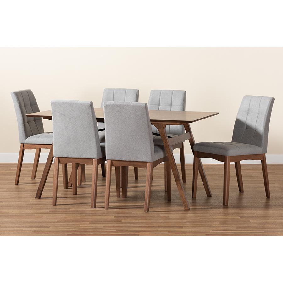 Light Grey Fabric Upholstered and Walnut Brown Finished Wood 7-Piece Dining Set. Picture 8