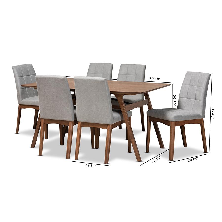 Light Grey Fabric Upholstered and Walnut Brown Finished Wood 7-Piece Dining Set. Picture 9