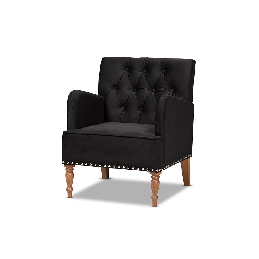Glam and Luxe Black Velvet Upholstered and Walnut Brown Finished Wood Armchair. Picture 1