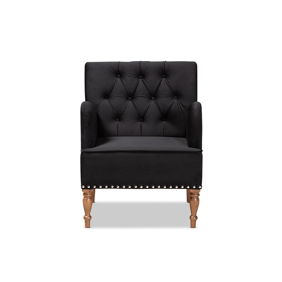 Glam and Luxe Black Velvet Upholstered and Walnut Brown Finished Wood Armchair. Picture 2
