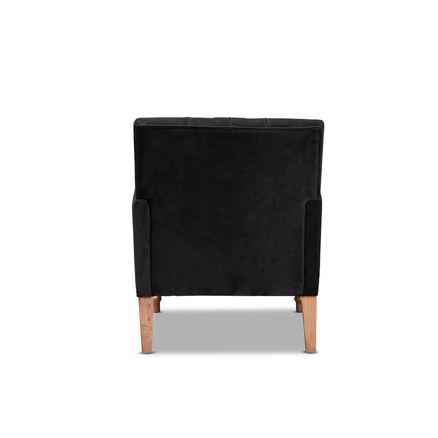 Glam and Luxe Black Velvet Upholstered and Walnut Brown Finished Wood Armchair. Picture 4
