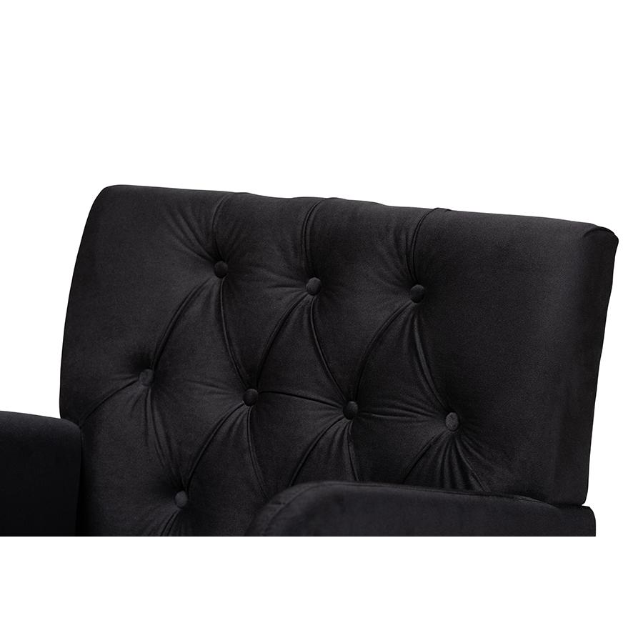 Glam and Luxe Black Velvet Upholstered and Walnut Brown Finished Wood Armchair. Picture 5