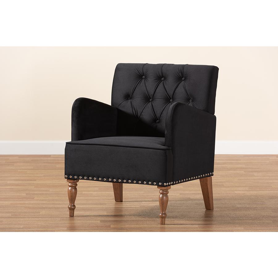 Glam and Luxe Black Velvet Upholstered and Walnut Brown Finished Wood Armchair. Picture 8