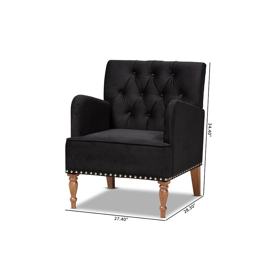 Glam and Luxe Black Velvet Upholstered and Walnut Brown Finished Wood Armchair. Picture 9