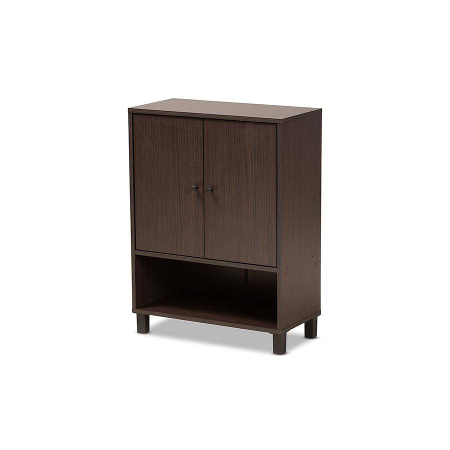 Dark Brown Finished Wood 2-Door Entryway Shoe Storage Cabinet with Bottom Shelf. Picture 1