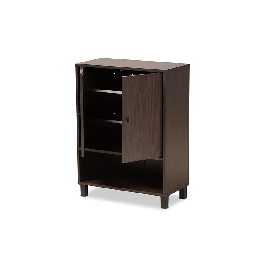 Dark Brown Finished Wood 2-Door Entryway Shoe Storage Cabinet with Bottom Shelf. Picture 2