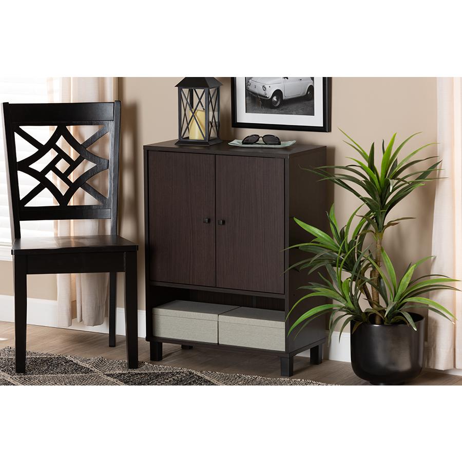 Dark Brown Finished Wood 2-Door Entryway Shoe Storage Cabinet with Bottom Shelf. Picture 7
