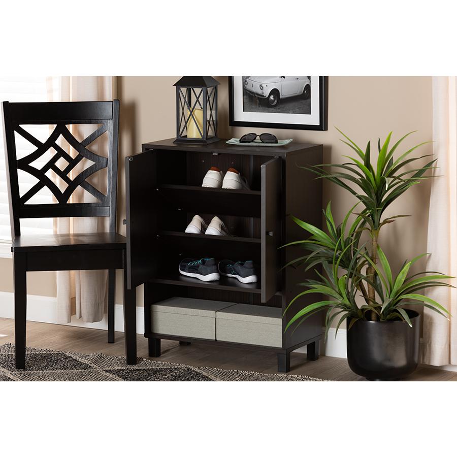 Dark Brown Finished Wood 2-Door Entryway Shoe Storage Cabinet with Bottom Shelf. Picture 8