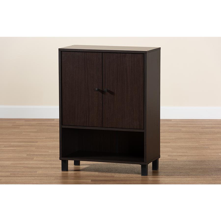 Dark Brown Finished Wood 2-Door Entryway Shoe Storage Cabinet with Bottom Shelf. Picture 9