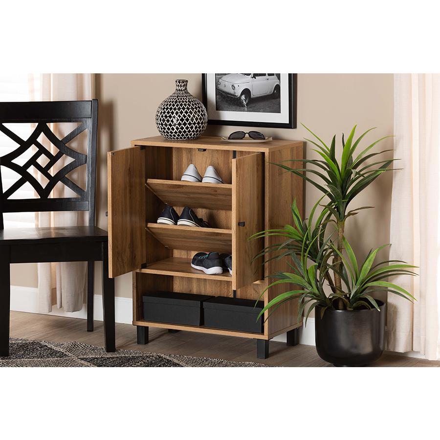 Oak Brown Finished Wood 2-Door Entryway Shoe Storage Cabinet with Bottom Shelf. Picture 8