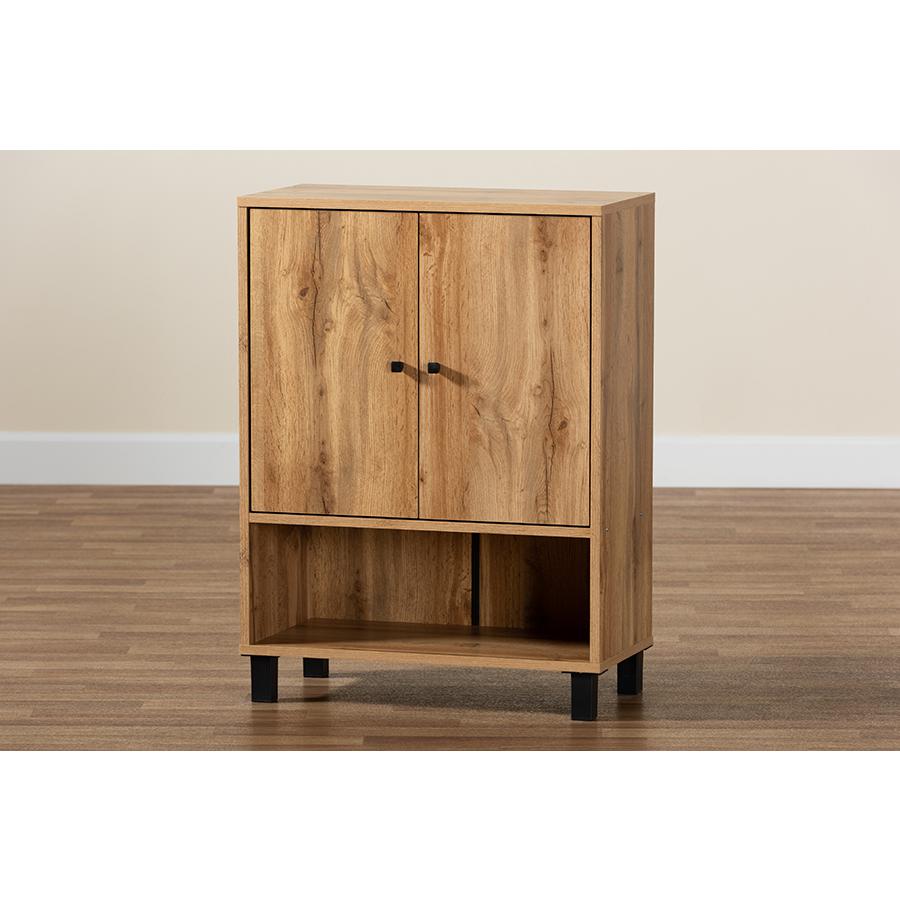 Oak Brown Finished Wood 2-Door Entryway Shoe Storage Cabinet with Bottom Shelf. Picture 9