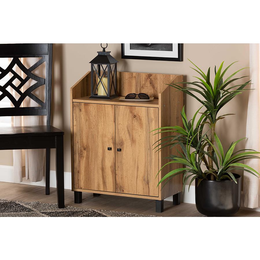 Oak Brown Finished Wood 2-Door Entryway Shoe Storage Cabinet with Top Shelf. Picture 7