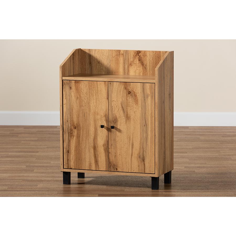Oak Brown Finished Wood 2-Door Entryway Shoe Storage Cabinet with Top Shelf. Picture 9
