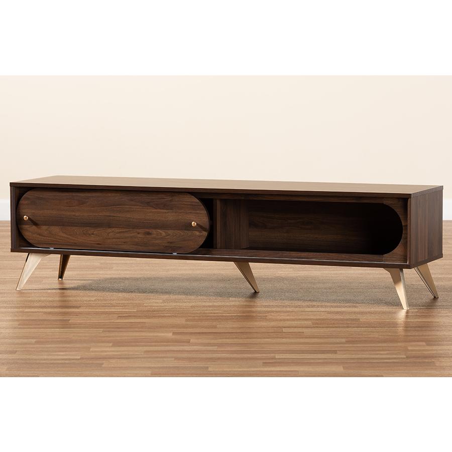 Dena Mid-Century Modern Walnut Brown Wood and Gold Finished TV Stand. Picture 9
