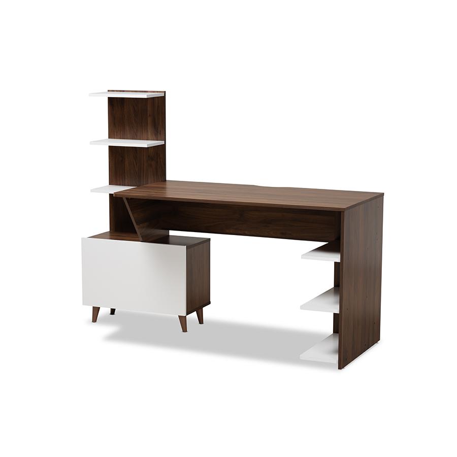 Two-Tone White and Walnut Brown Finished Wood Storage Computer Desk with Shelves. Picture 1