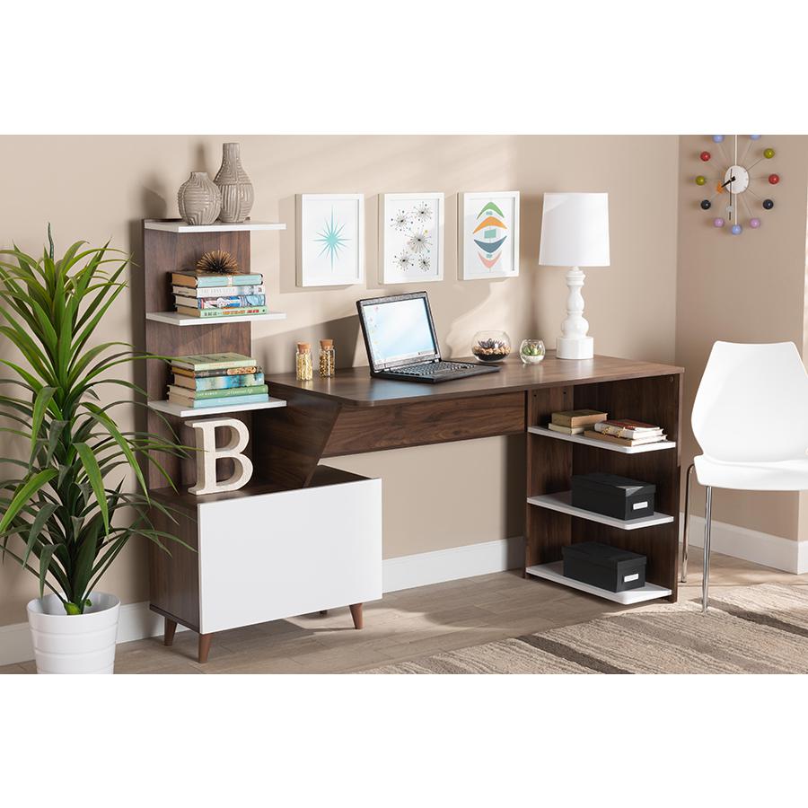 Two-Tone White and Walnut Brown Finished Wood Storage Computer Desk with Shelves. Picture 8