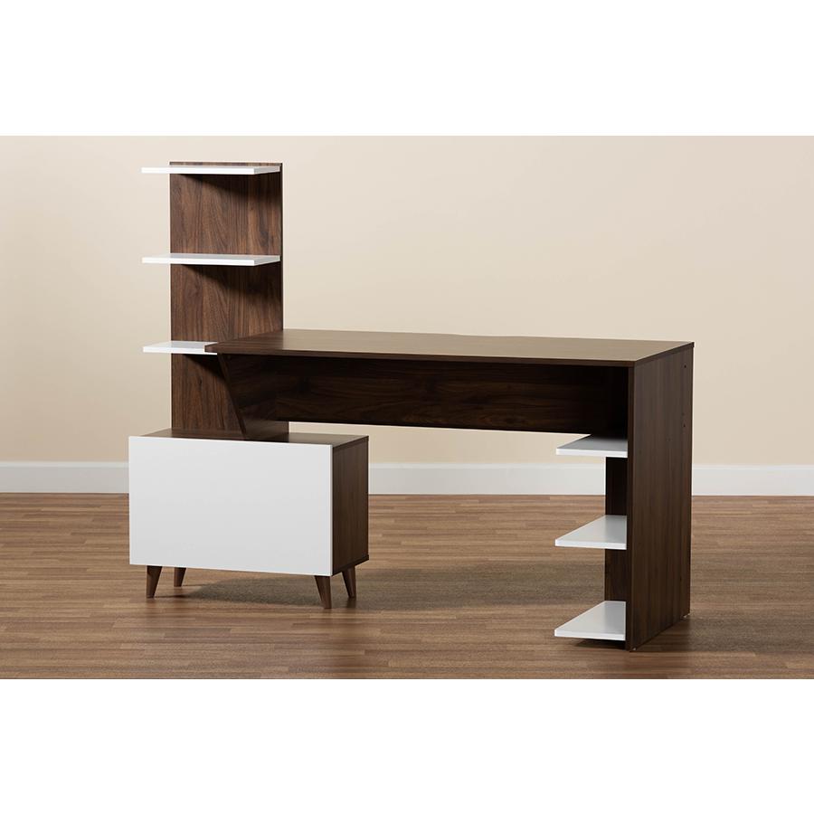 Two-Tone White and Walnut Brown Finished Wood Storage Computer Desk with Shelves. Picture 9