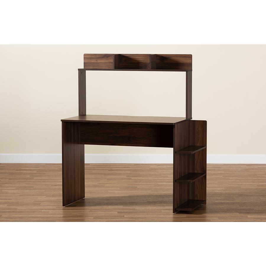 Garnet Modern and Contemporary Walnut Brown Finished Wood Desk with Shelves. Picture 6