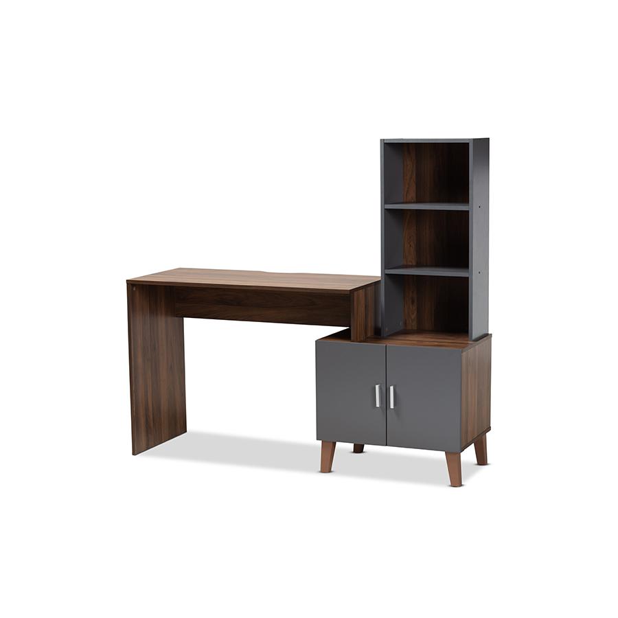 Two-Tone Walnut Brown and Dark Grey Finished Wood Storage Desk with Shelves. Picture 1