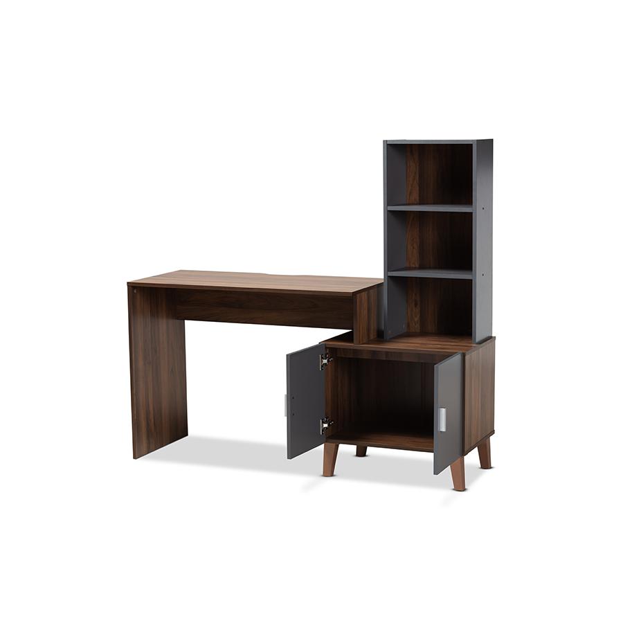 Two-Tone Walnut Brown and Dark Grey Finished Wood Storage Desk with Shelves. Picture 2