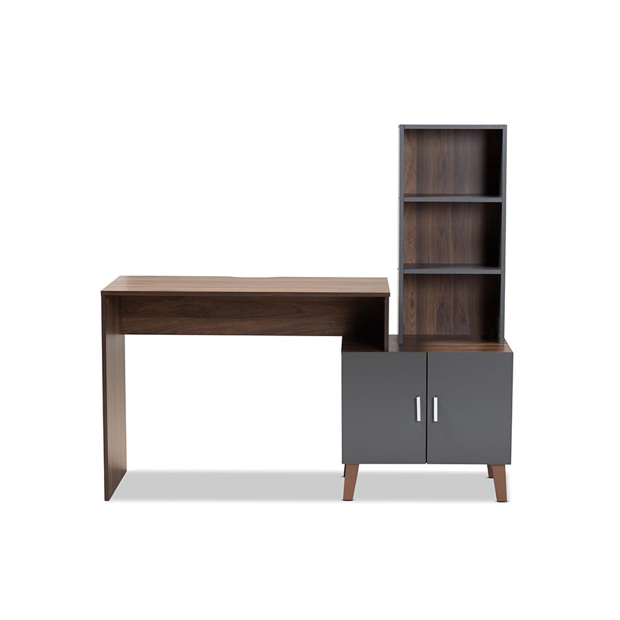 Two-Tone Walnut Brown and Dark Grey Finished Wood Storage Desk with Shelves. Picture 3