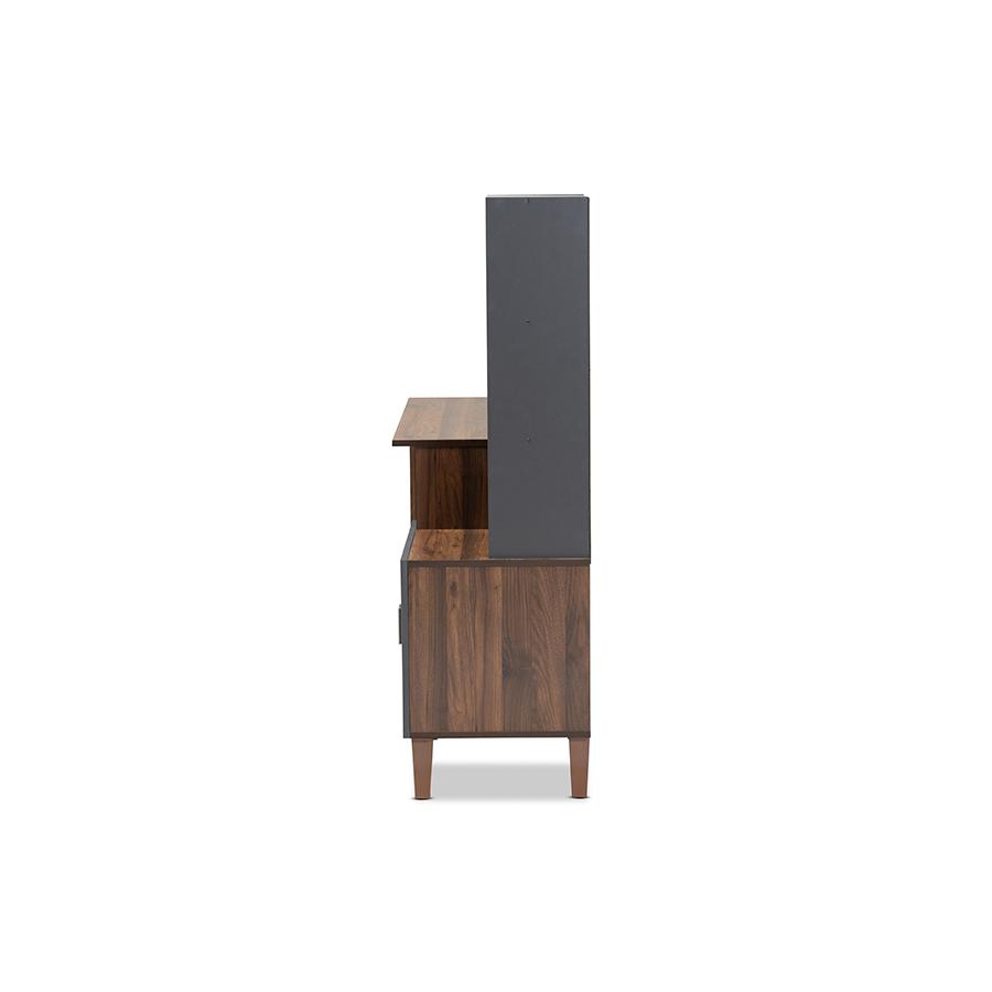Two-Tone Walnut Brown and Dark Grey Finished Wood Storage Desk with Shelves. Picture 4
