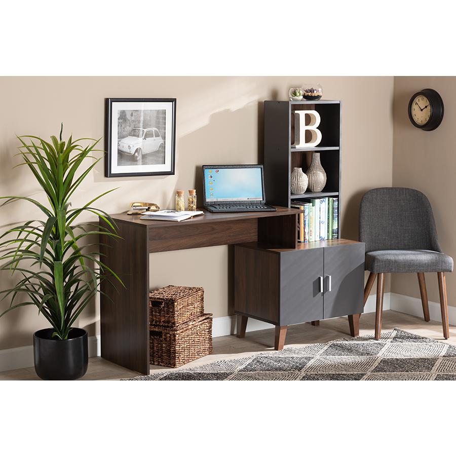 Two-Tone Walnut Brown and Dark Grey Finished Wood Storage Desk with Shelves. Picture 7