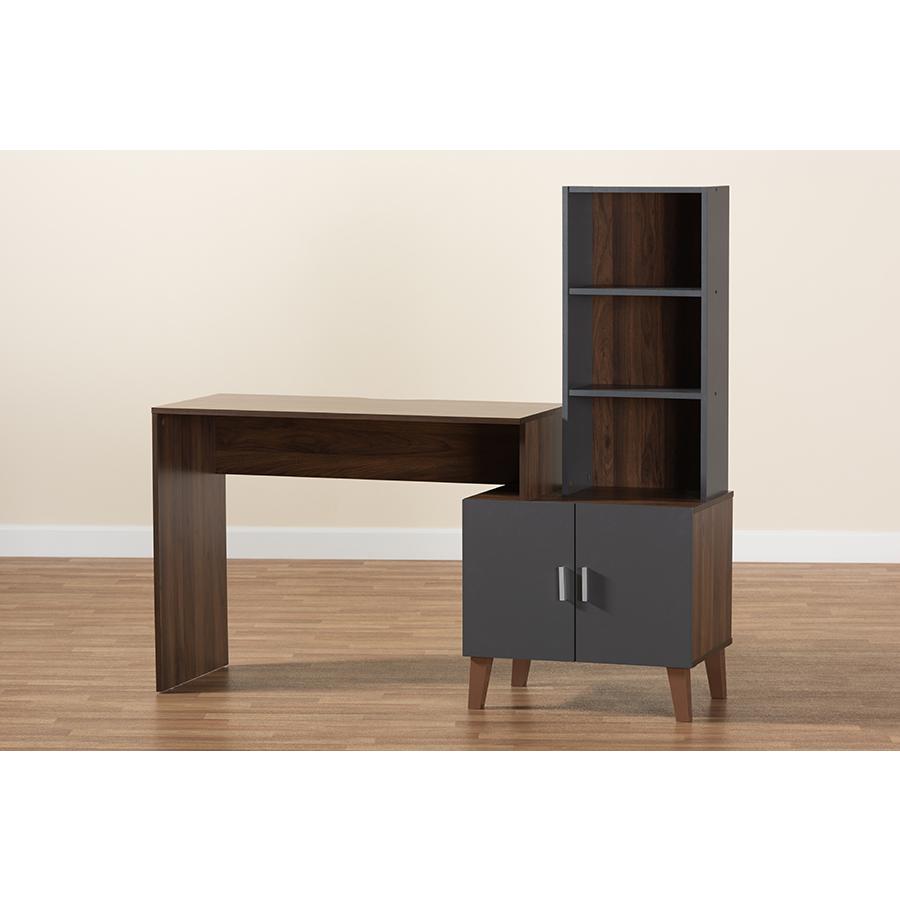 Two-Tone Walnut Brown and Dark Grey Finished Wood Storage Desk with Shelves. Picture 8