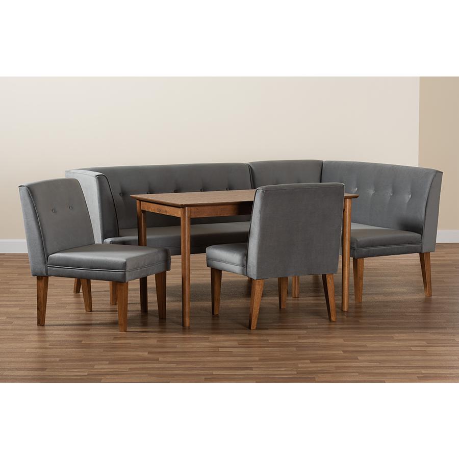 Grey Velvet Upholstered and Walnut Brown Finished Wood 5-Piece Dining Set. Picture 12