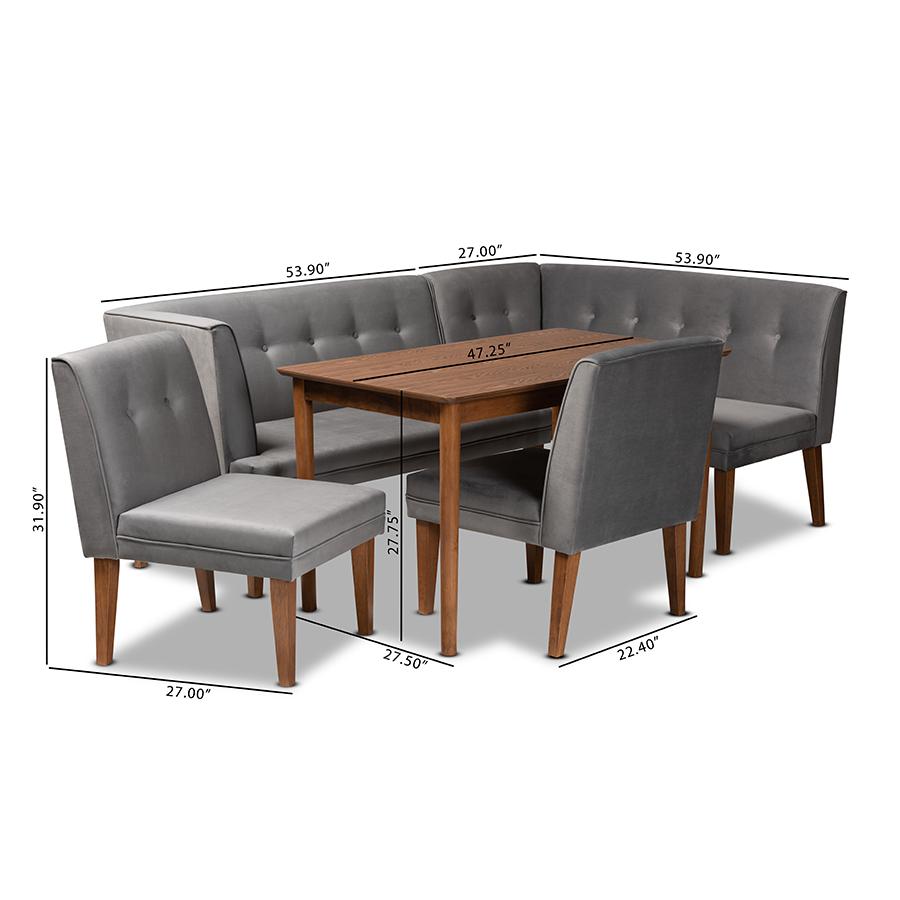Grey Velvet Upholstered and Walnut Brown Finished Wood 5-Piece Dining Set. Picture 13